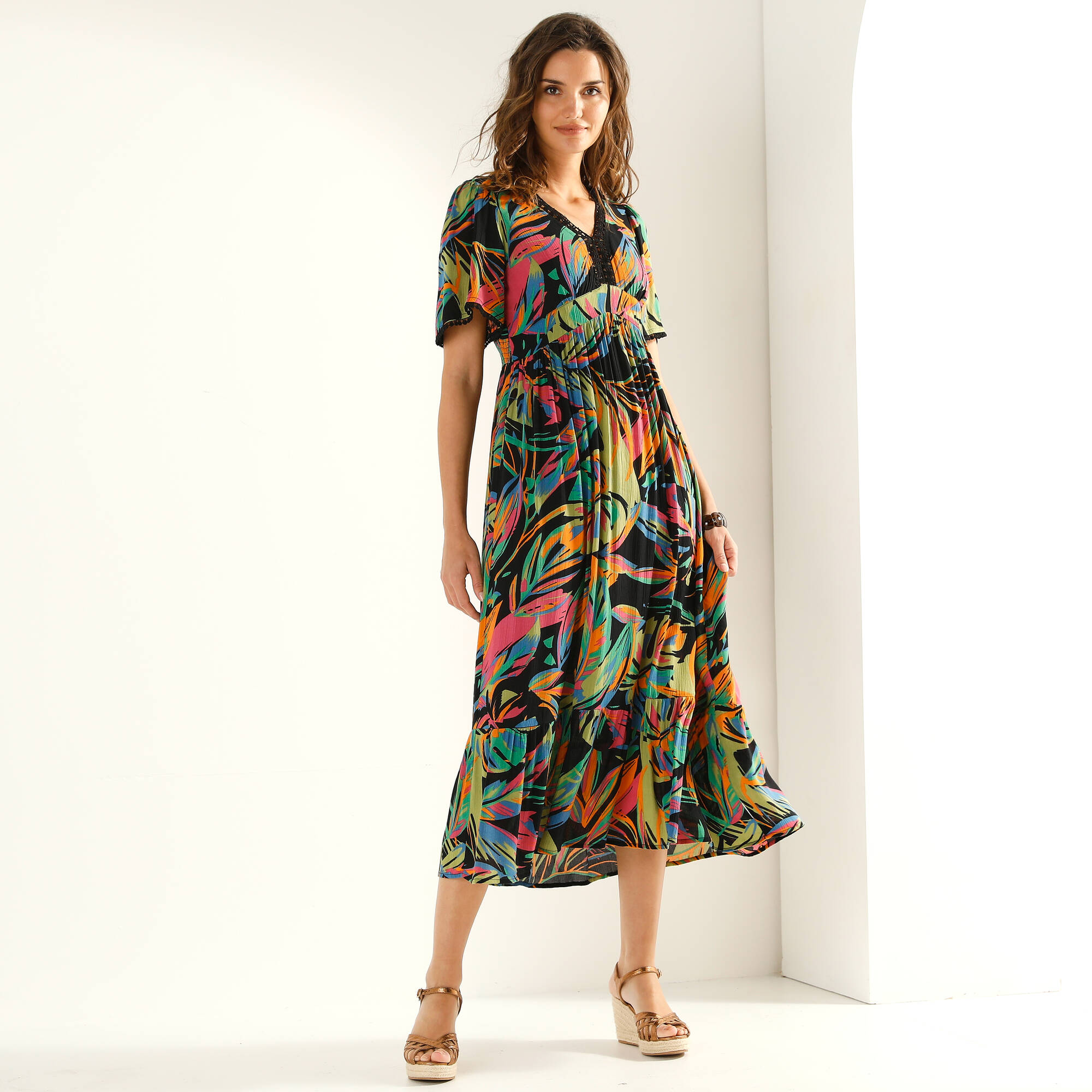 Robe longue macramé, imprimé tropical
