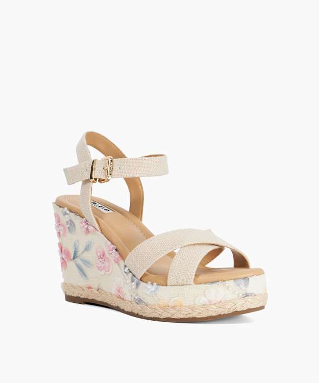 Kalmiah Natural - Floral Fabric Wedge Sandals