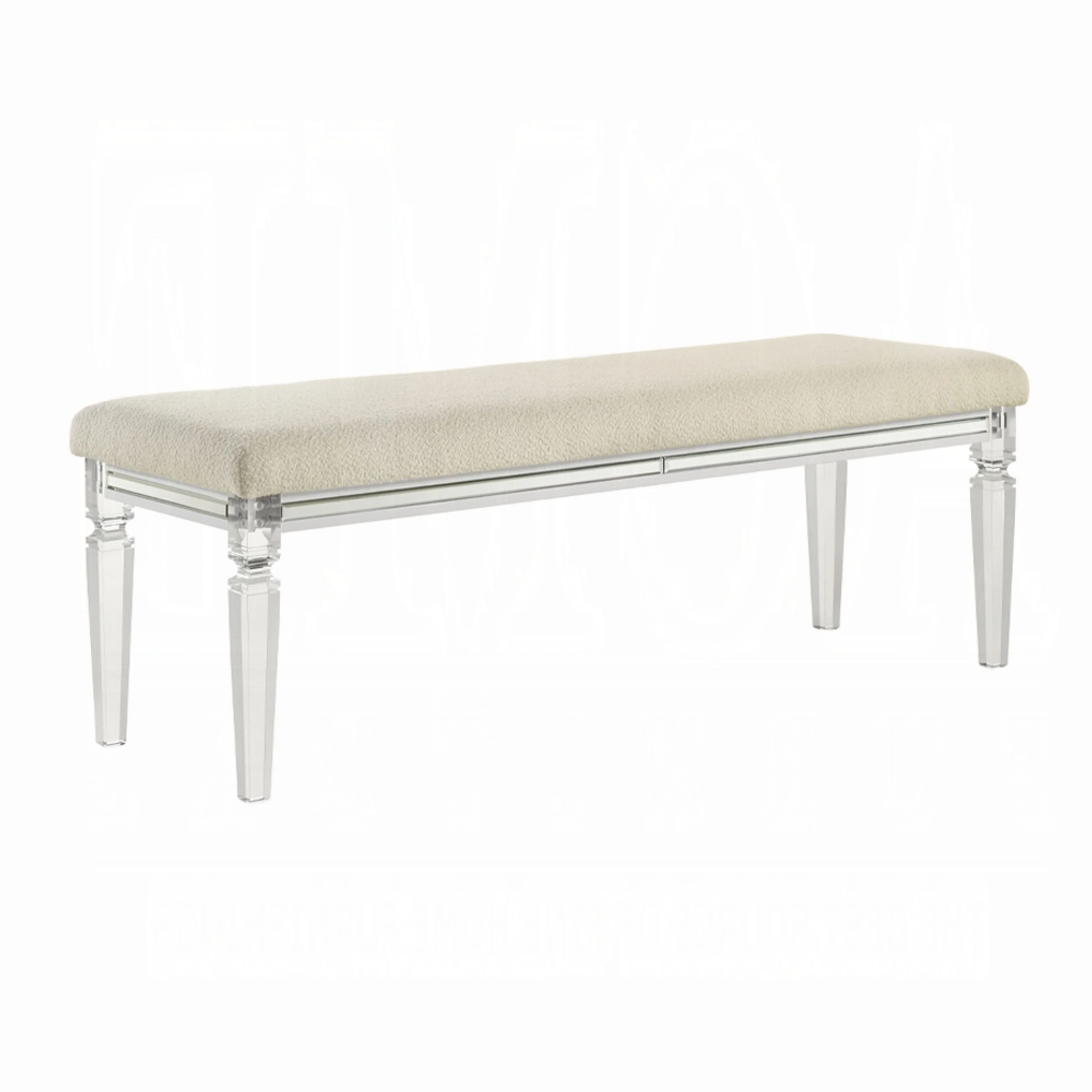 Rara Bench, Beige Padded Seat, 54 Inch Clear Tapered Acrylic Legs