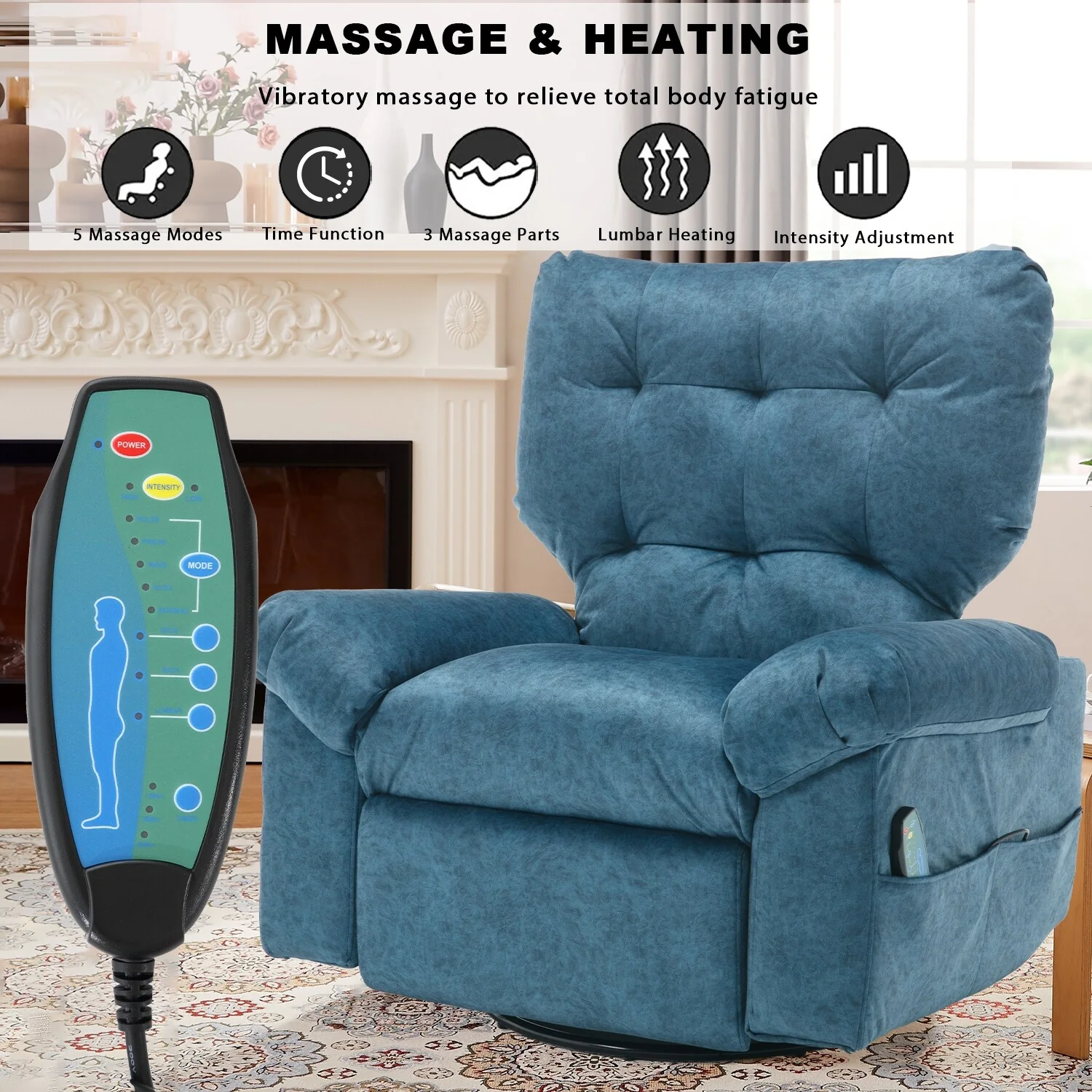 Blue 360° Swivel Rocker Recliner with Vibration Massage, Lumbar Heating, Side Pockets