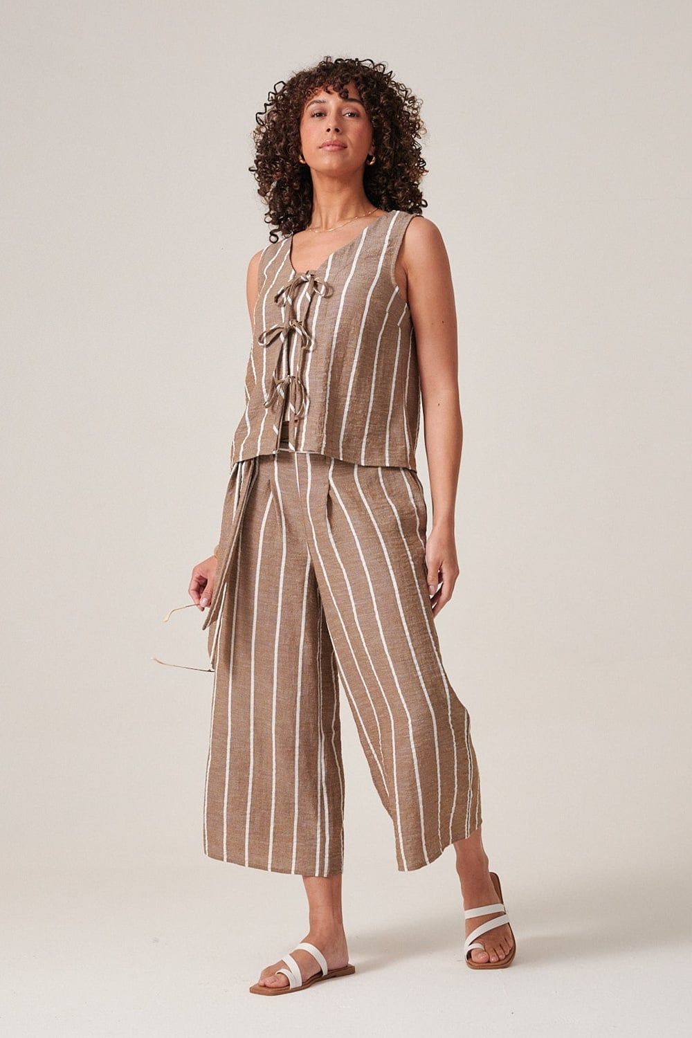 Klass. Striped Tie Front Sleeveless Top