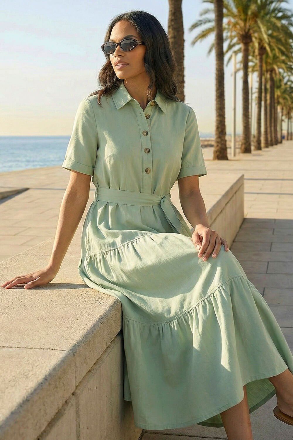 Roman Button Detail Tiered Midi Dress
