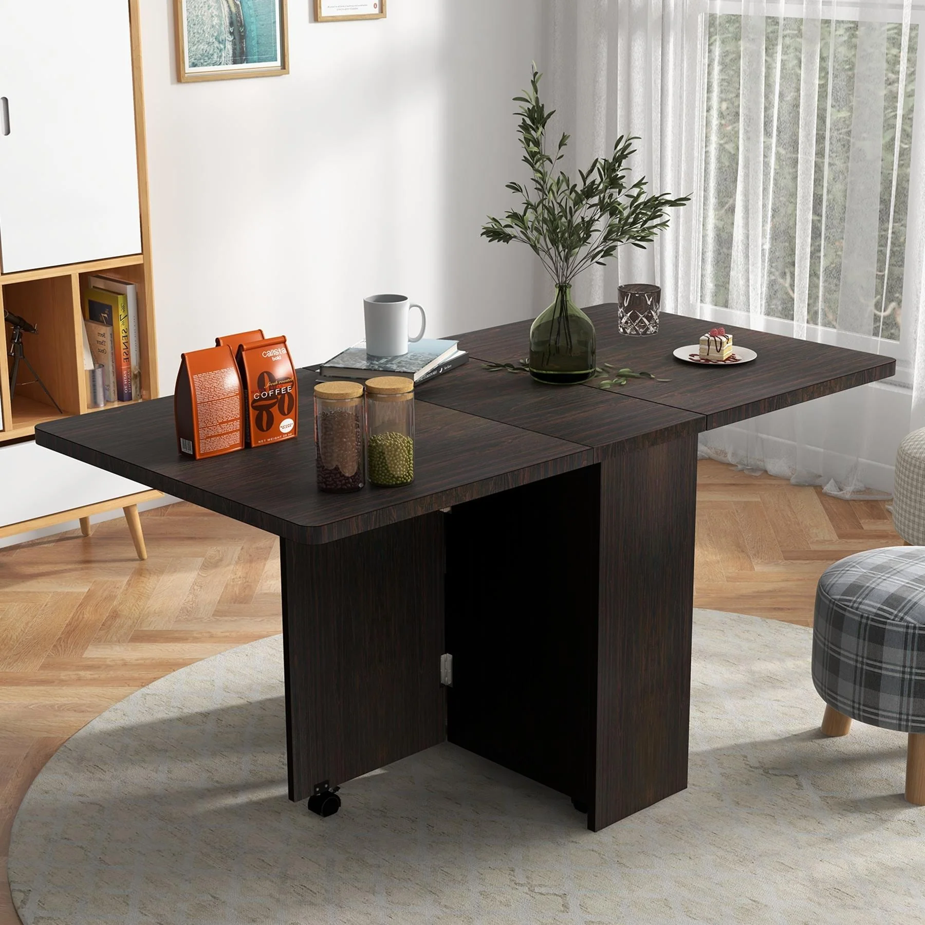 Folding Dining Table with Drop Leaf and Storage Rack for Small Spaces