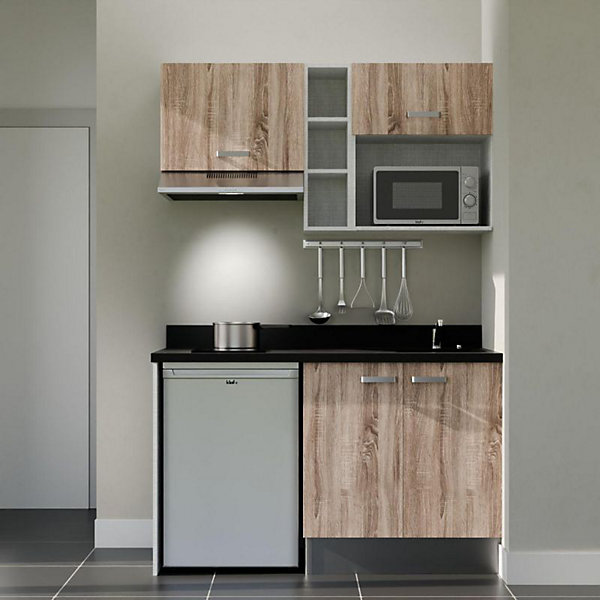 Kitchenette K13 - 140 cm - façades Bois - Plan monobloc en quartz coloris Nero évier à droite - Electroménager Inox