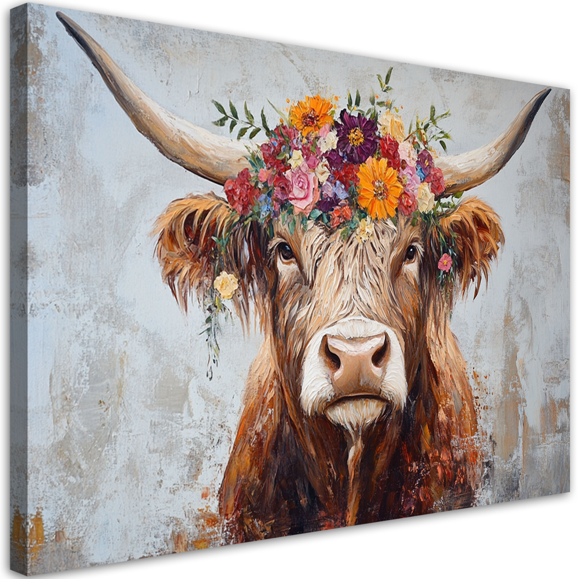Feeby Obraz na płótnie, Vintage Krowa Szkocka Kwiaty 60x40
