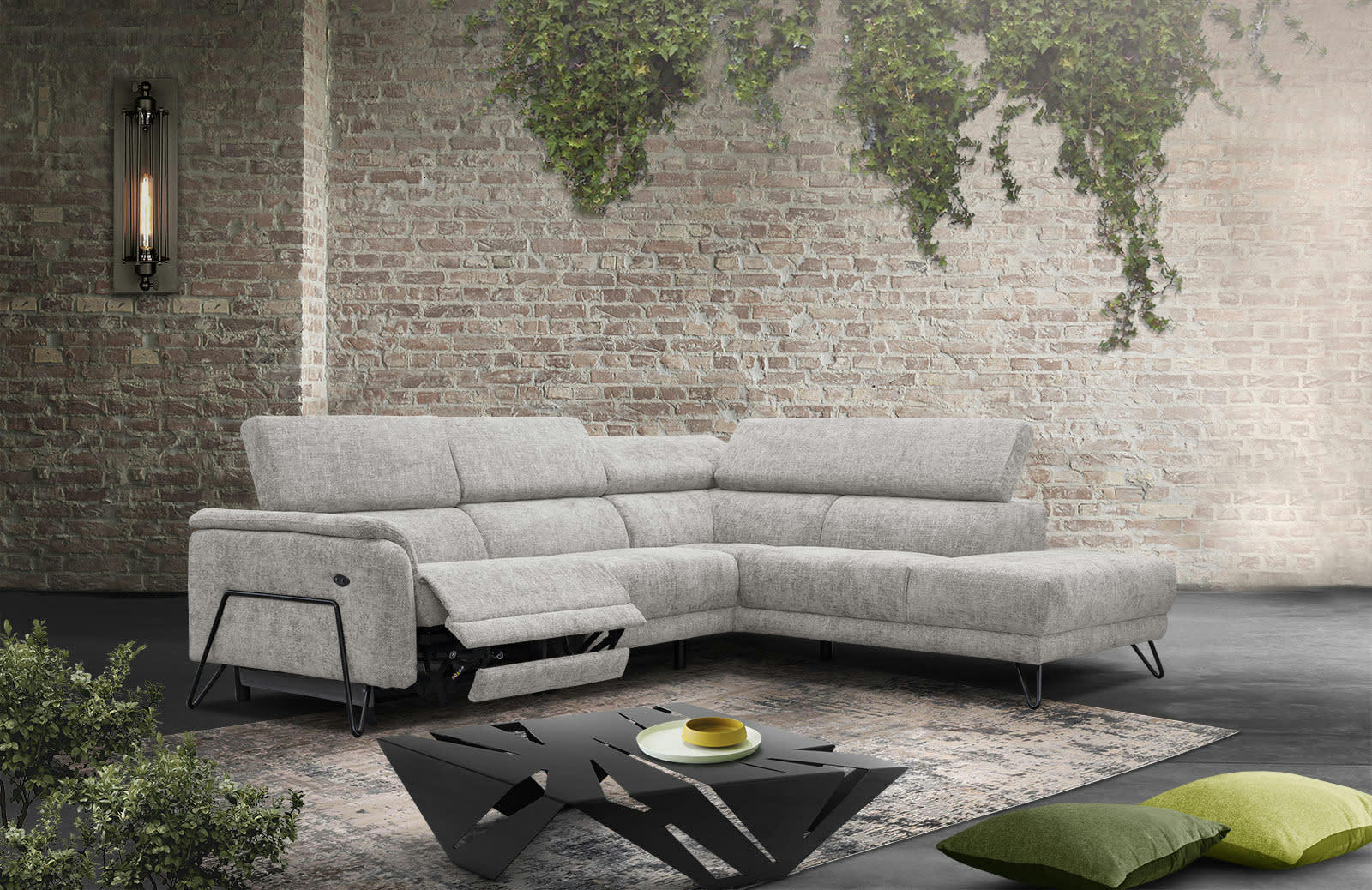 RODEN - Canapé d'angle droit 5 places avec une relax électrique tissu écru