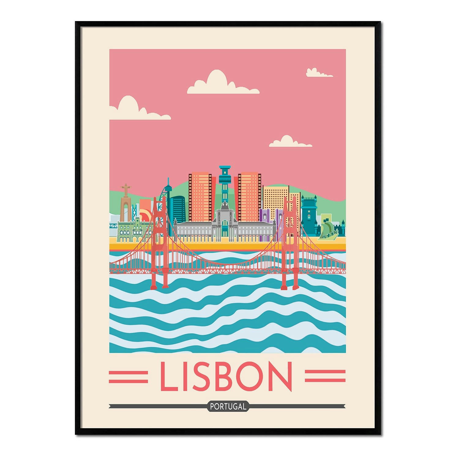 CIUDADES - Affiche avec cadre noir - Lisbonne - 30x40