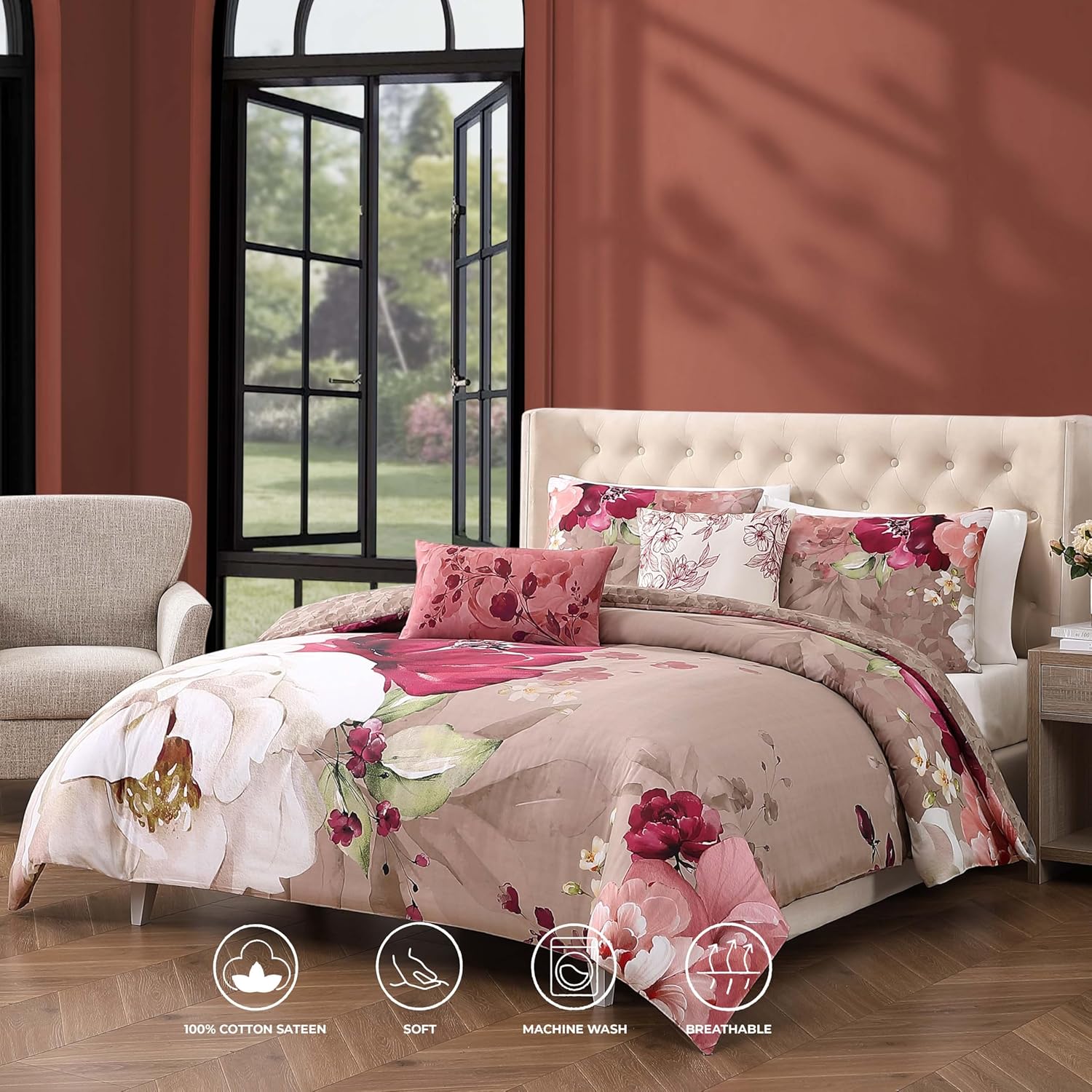 Bebejan Florence 5 Piece Comforter Set, 100% Cotton Sateen, 220 Thread Count, Brown Reversible Bedding Comforter Set, 1 Comforter, 2 Shams & 2 Pillows (King/Cal King)