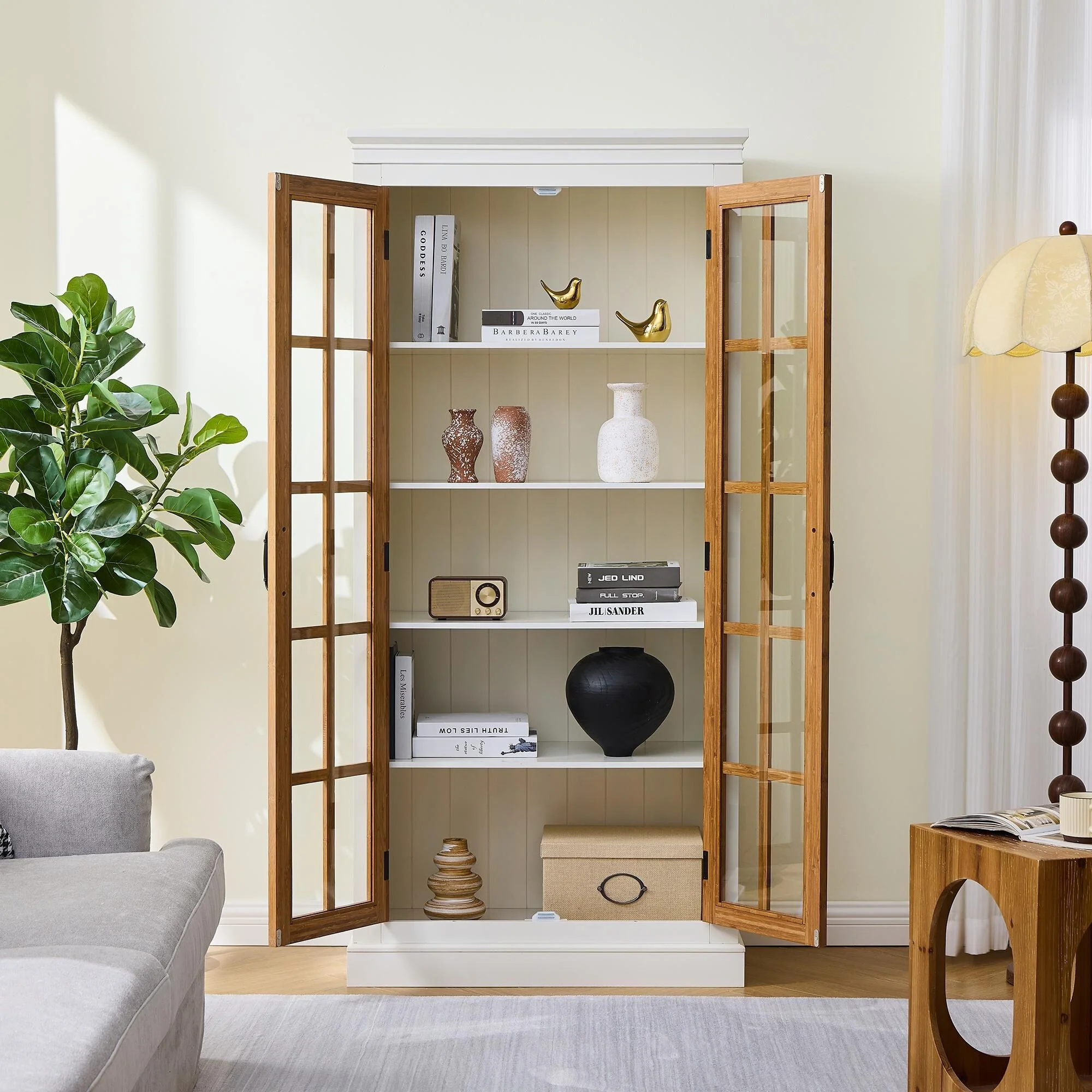 71.2 Glass-Front Rustic Display Cabinet – White & Brown Curio Shelf for Collectibles, Perfect for Living Rooms.