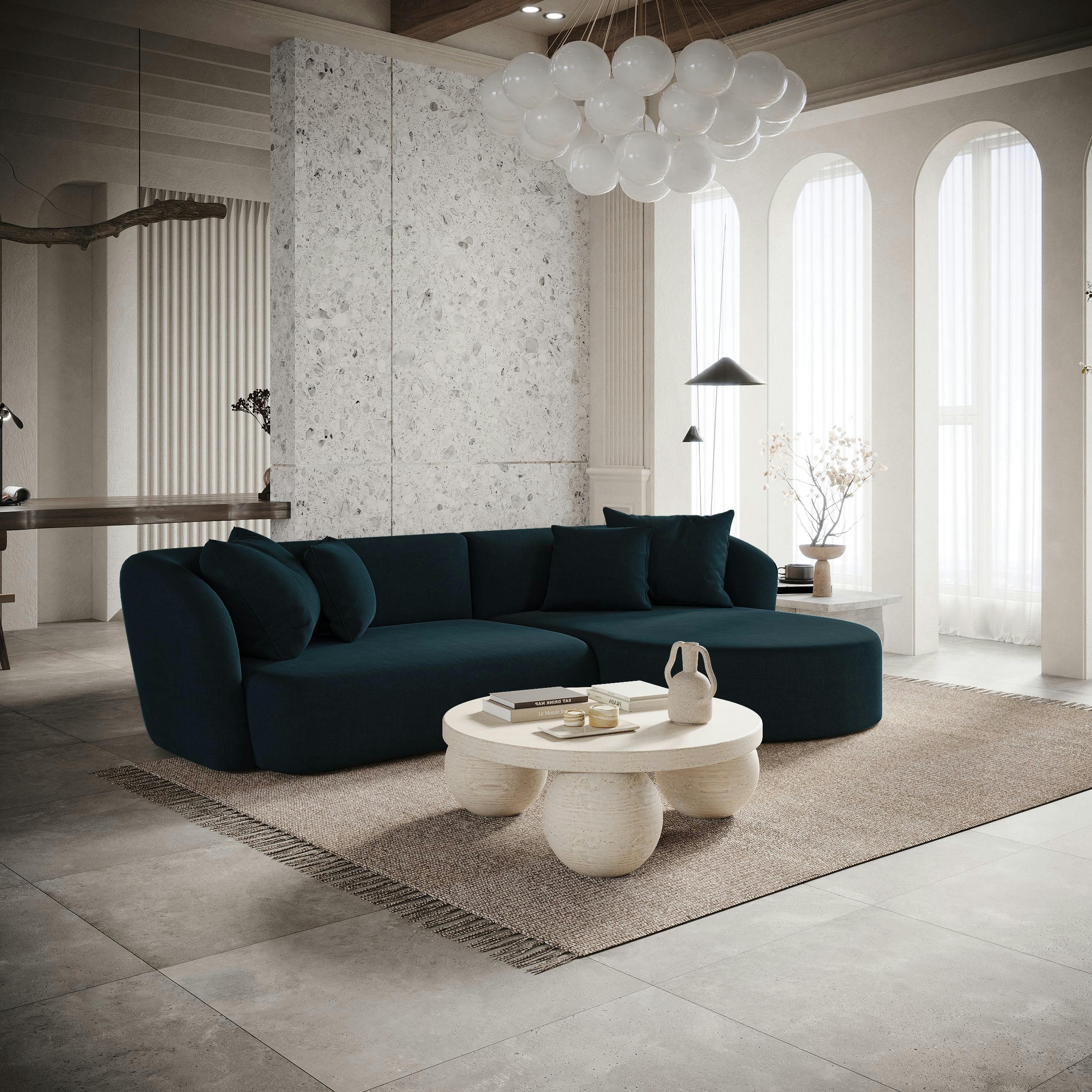 EMY - Canapé d'angle droit velours bleu paon