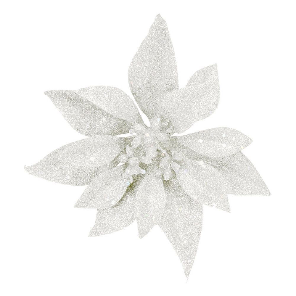 JULEPYNT BLOMST MED KLIPS GLITTER Ø14CM HVIT
