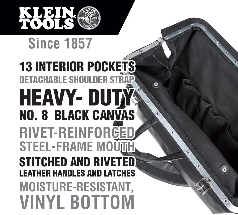 Klein Tools 510218SPBLK Tool Bag, Large 18-Inch Deluxe Canvas Tool Bag and Organizer with 13 Pockets and Shoulder Strap, Black