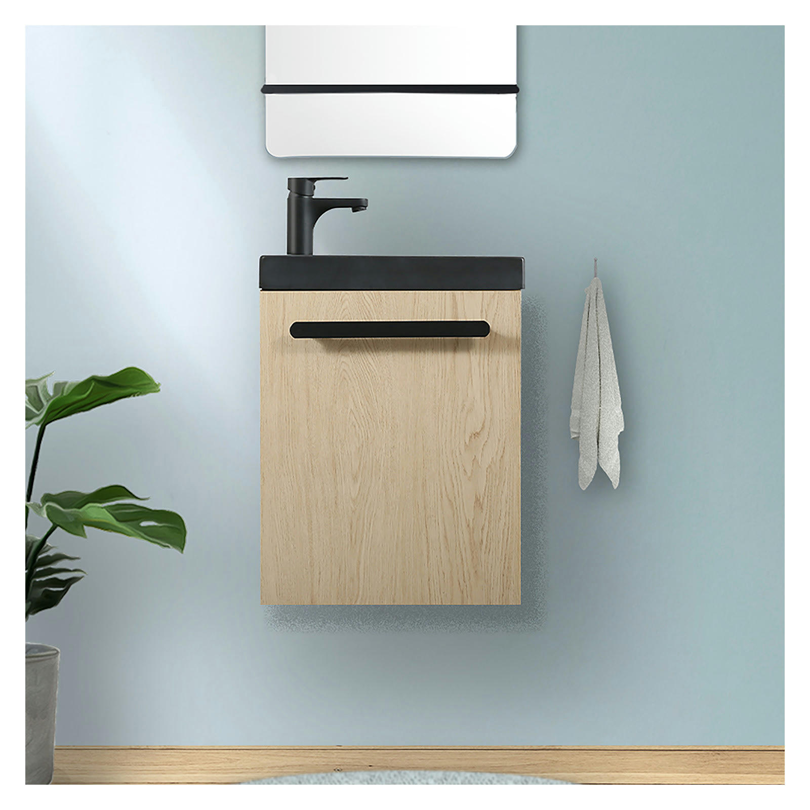 NEVADA - Meuble lave-mains NEVADA Décor chêne vasque noire + robinet noir