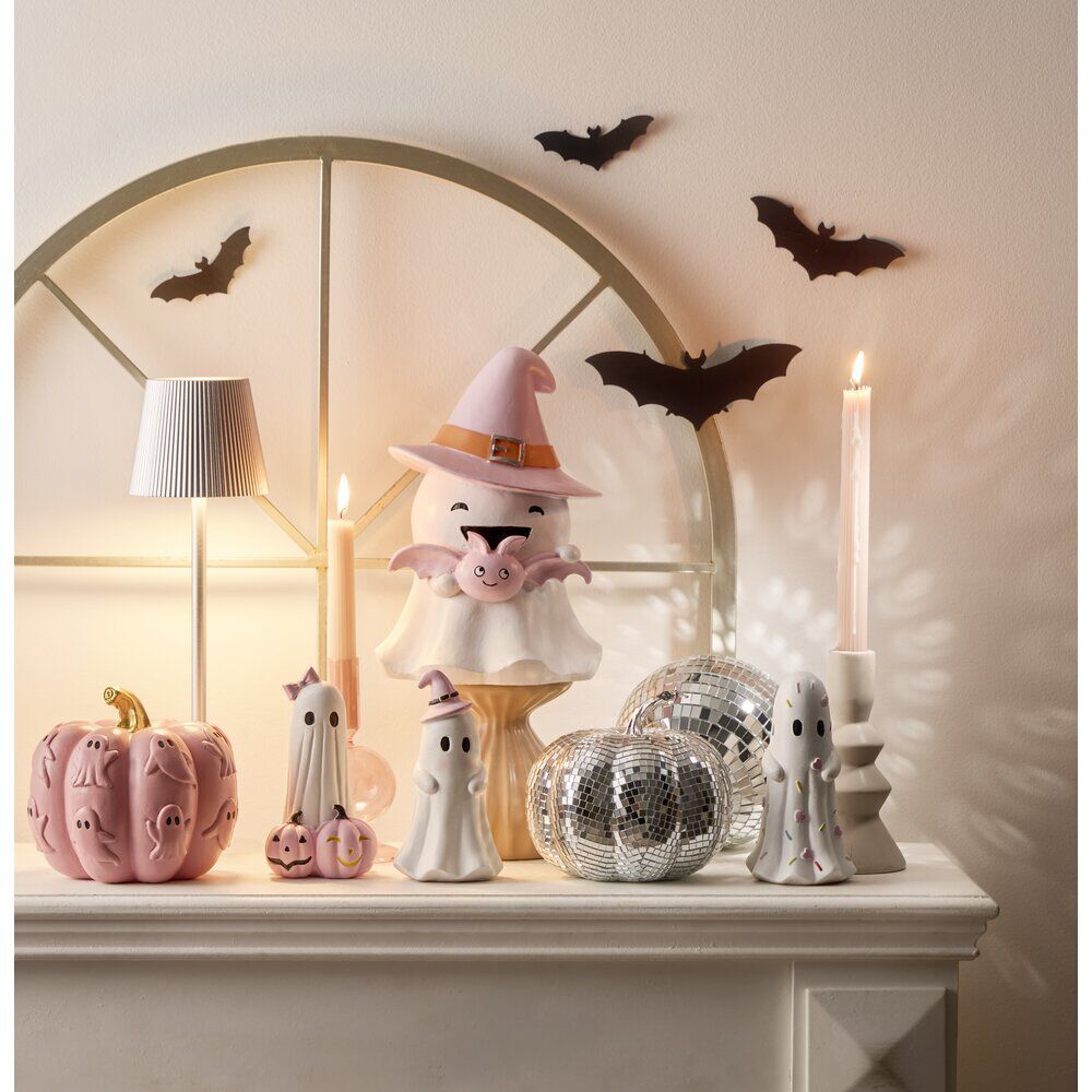 Décoration Halloween citrouille fantômes relief résine rose Ø16xH13,5cm