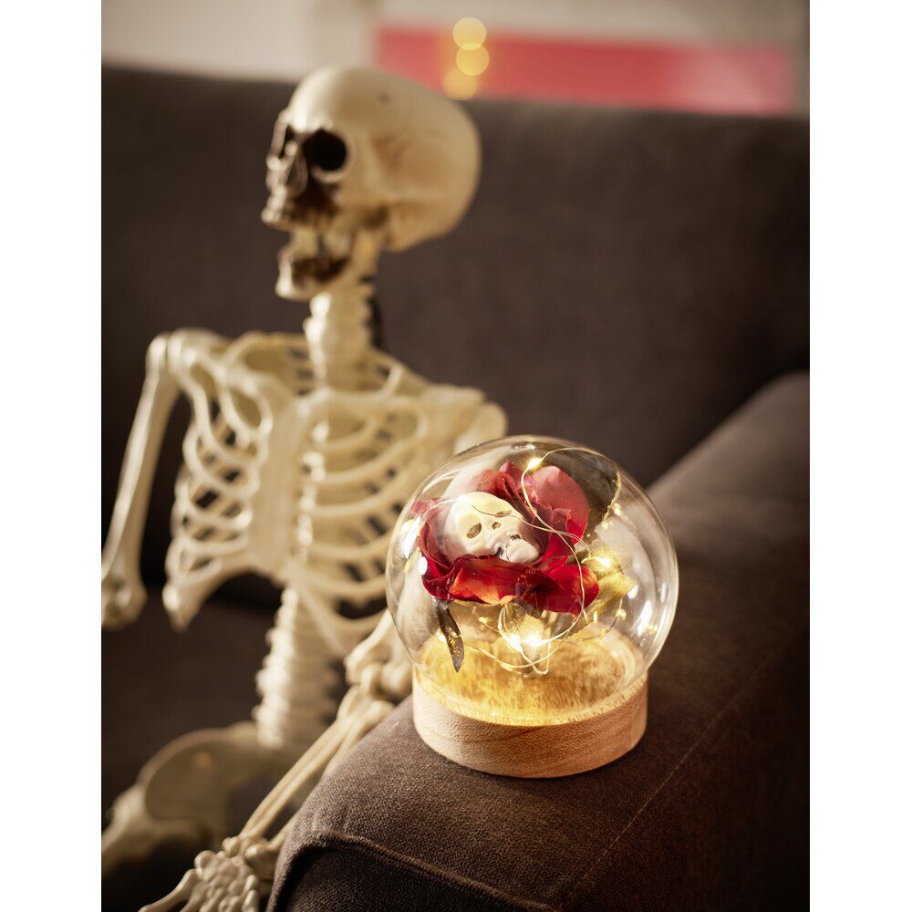 Décoration Halloween fleur immortelle LED sous bocal avec tête de mort Ø12cm