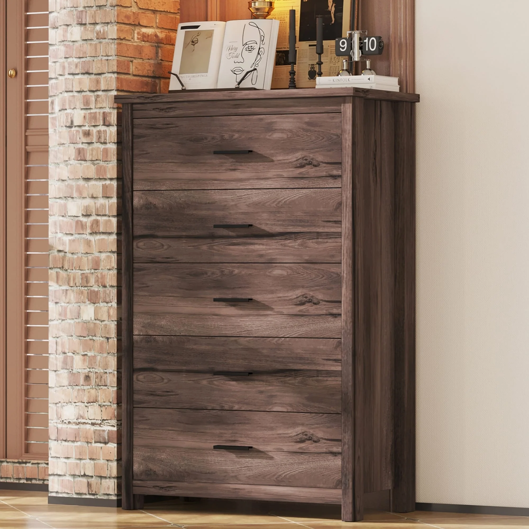 Retro Style Wooden 5-Drawer Vertical Chest with Metal Handles for Bedroom