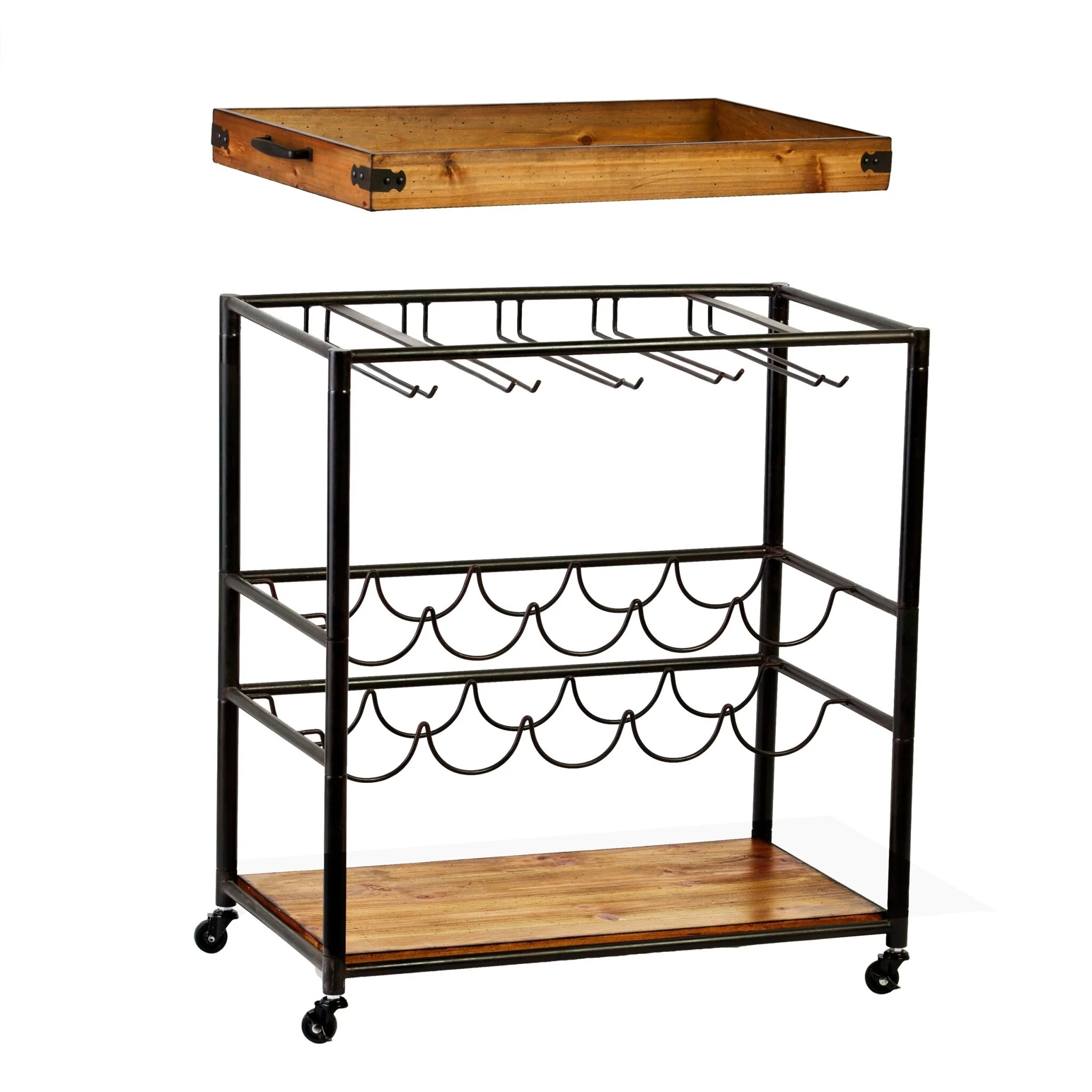 Mobile Kitchen Bar Cart with Solid Wood Surface and Metal Frame Wine Storage and Removable Tray - 32.5H x 28W x 16D