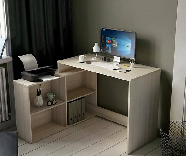 Bureau Kyarr, Pupitre polyvalent, Table de bureau pour PC, Plan de travail, 112x101 h77 cm, Chêne clair et Blanc