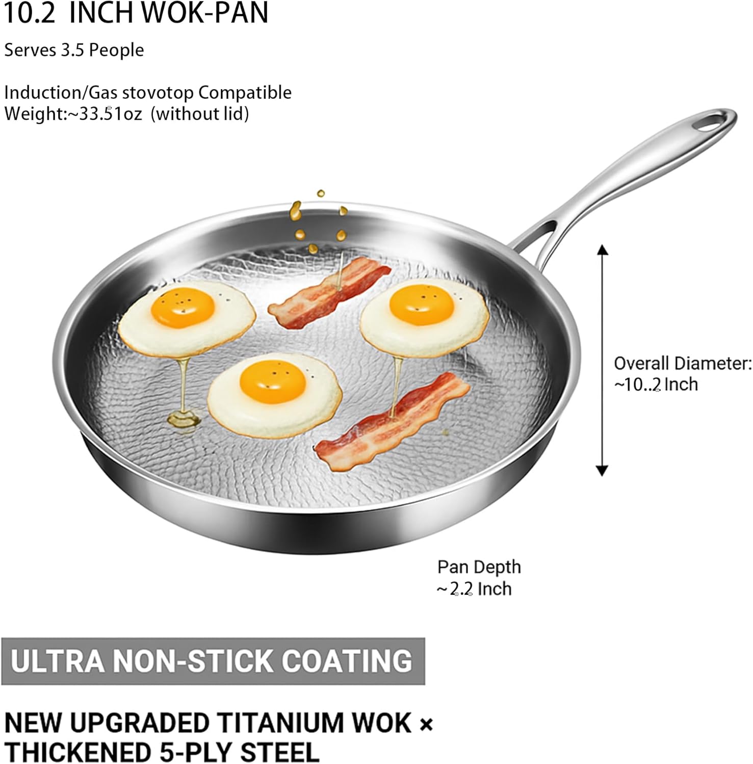 Pure Titanium Hammered Frying Pan with Lid, 10.2 Inch Skillet, No Coating Safe Cookware, Even Heat & Scratch Resistant for Steak, Eggs & Healthy Cooking