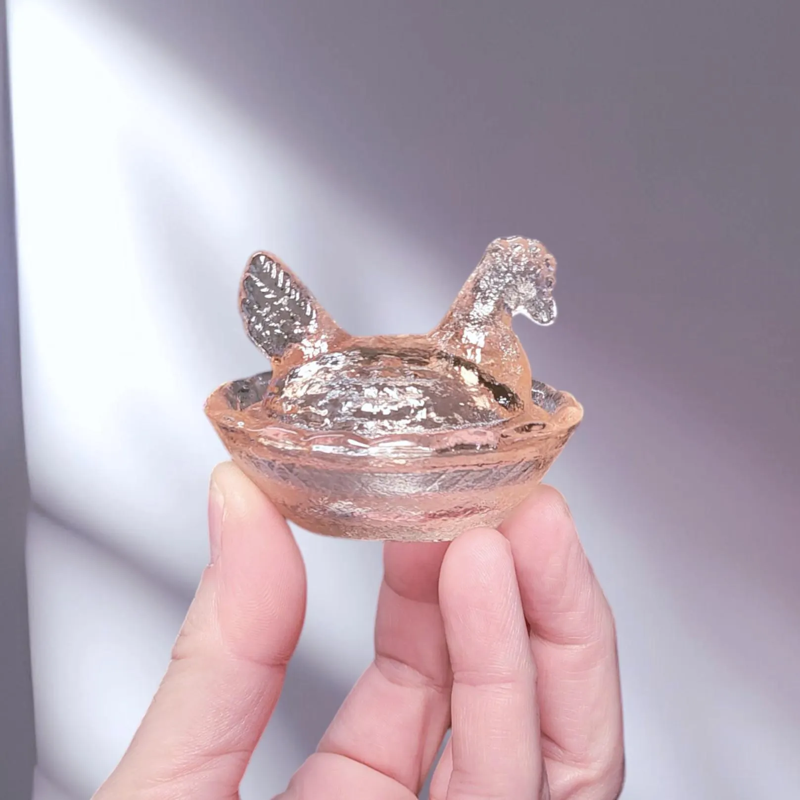 Pink Amber Depression Style Glass Hen on Nest Chicken Salt Cellar Dish, Vintage Style Farmhouse Decor, Covered, Bowl with Lid, Rooster, Farm