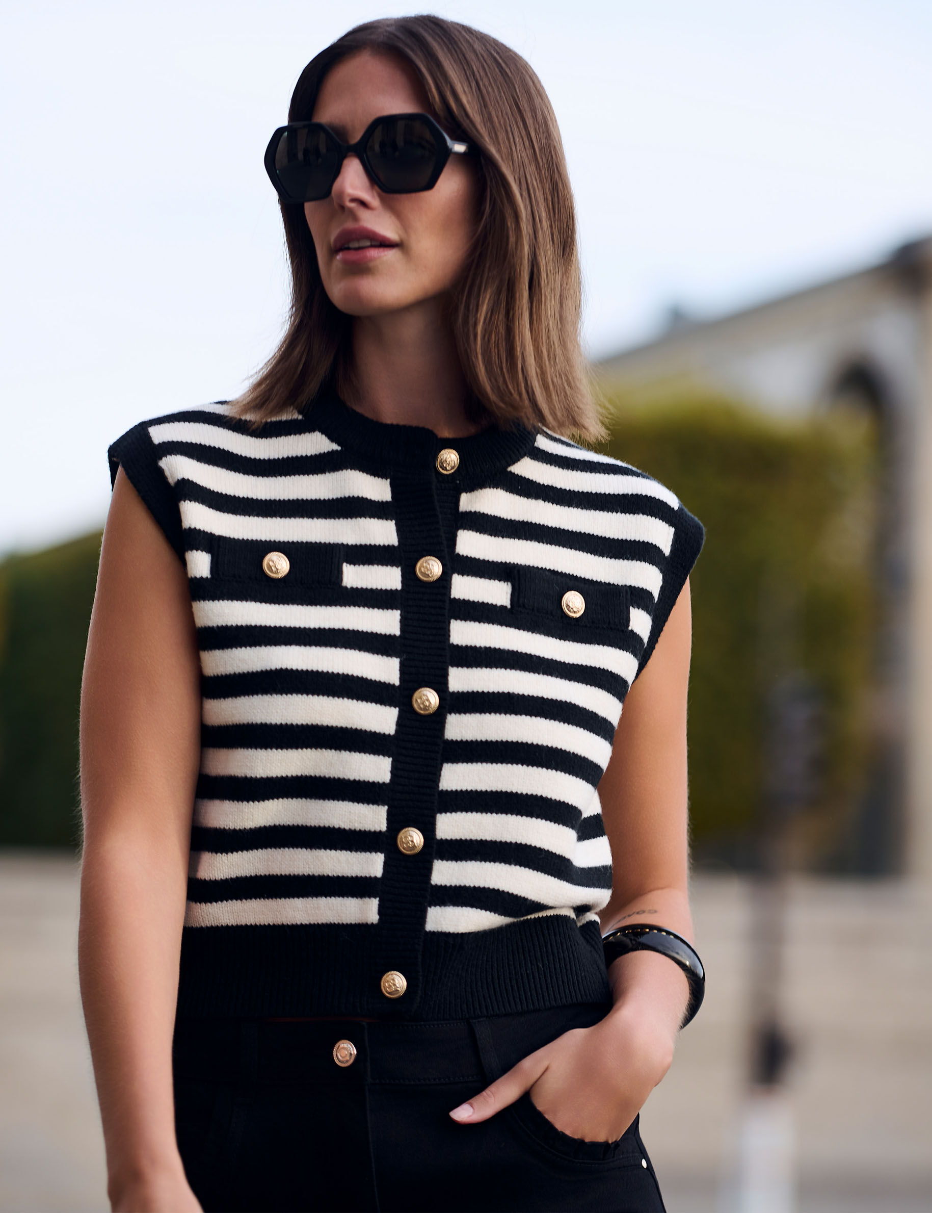 Striped Sleeveless Cardigan Ivory Women