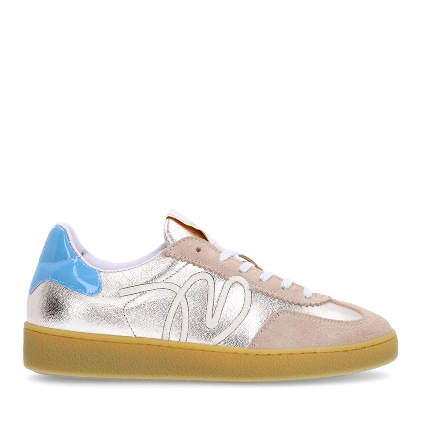 Manfield Beige leren sneakers met goudkleurige & blauwe details