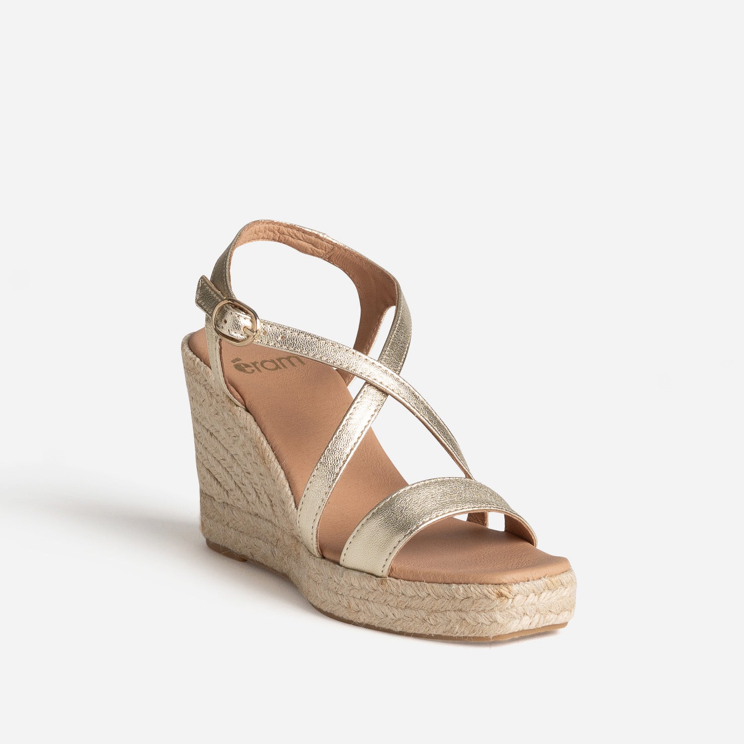 Sandale compensée dorée cuir