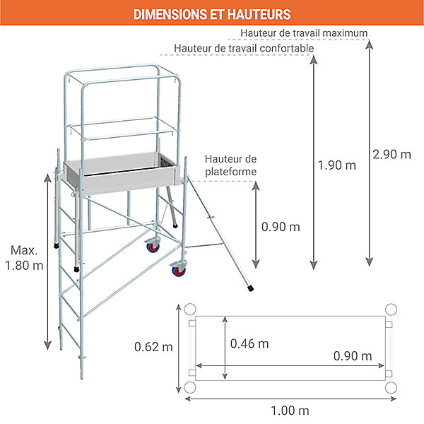 Echafaudage roulant acier : Hauteur de travail maximale de 2.90m -Kit dénivelé - 12538/12541
