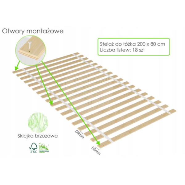 Stelaż wkład łóżka pod materac 80x200 cm 18 listew płaskich 250kg solidny