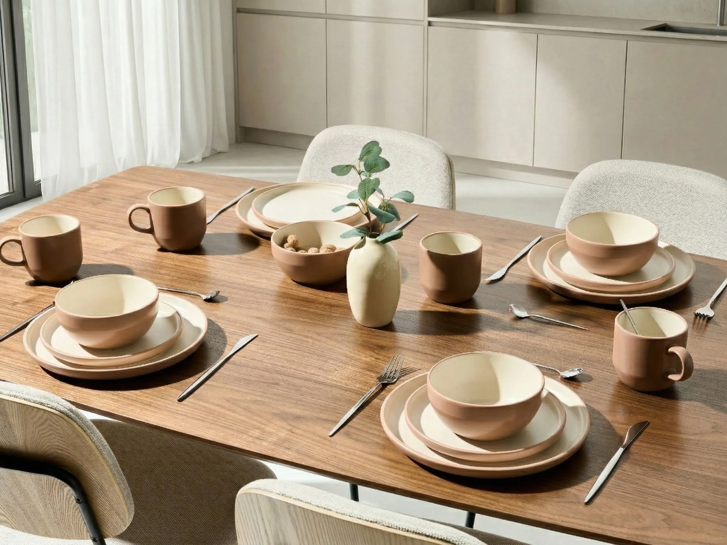Set of 16 Dinnerware NUTMEG Stoneware Brown