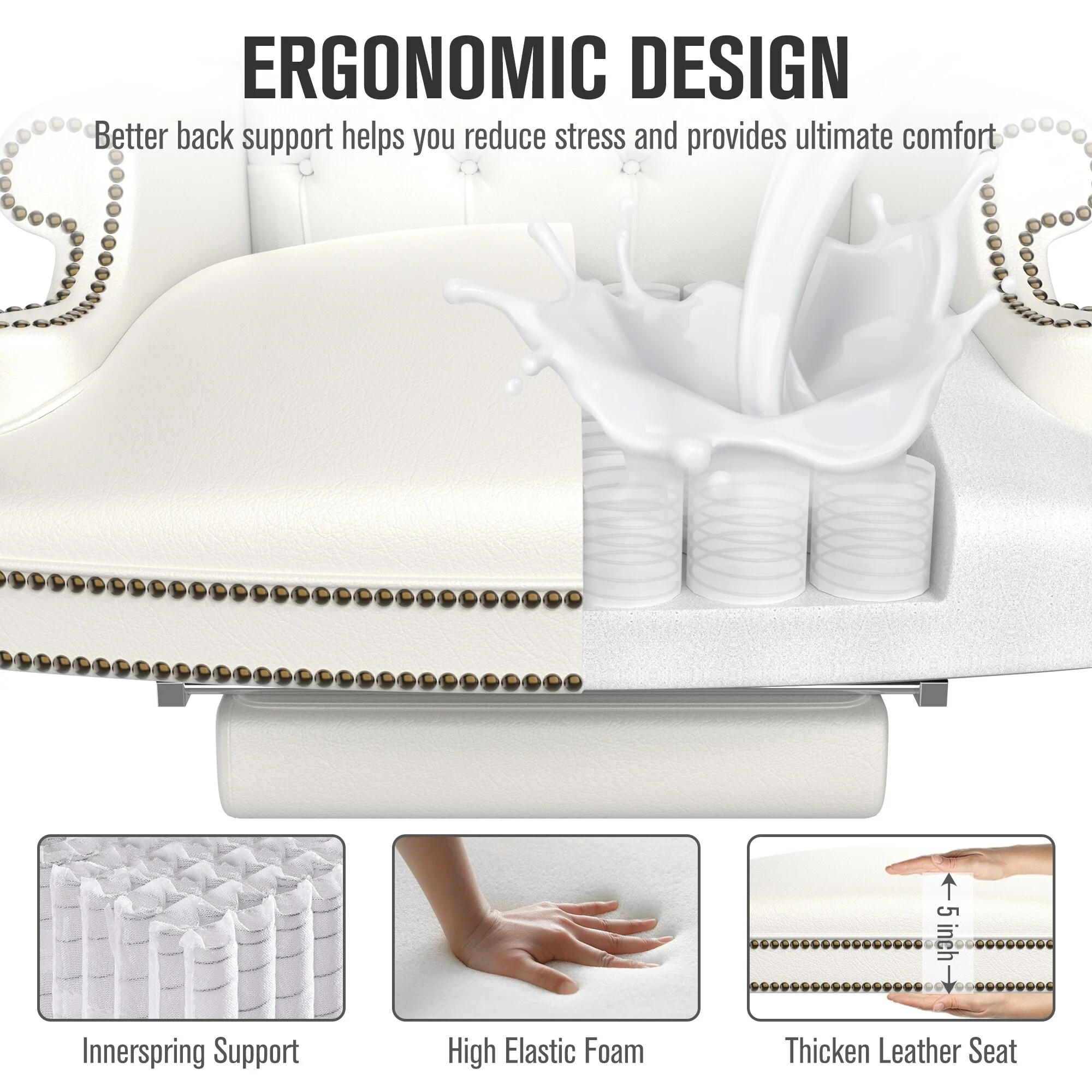 White Ergonomic PU Leather Swivel Office Recliner with Footrest, Button-tufted Backrest, Nailhead Decoration