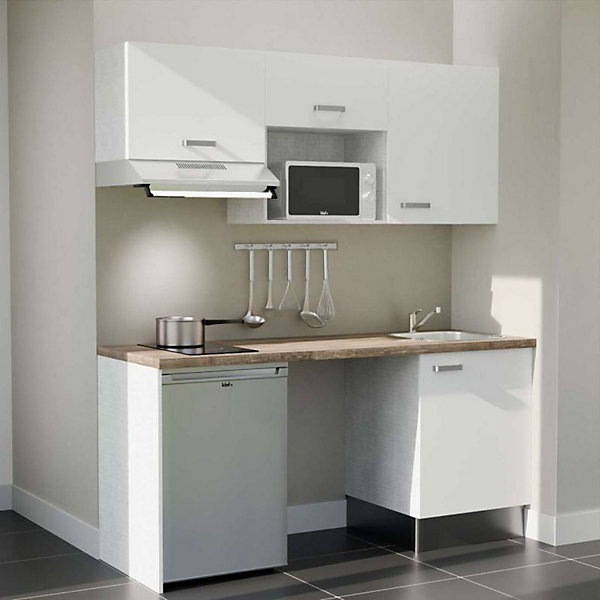Kitchenette K55 façades Blanc - Plan de travail Bois - Crédences : Non - Evier inox - Electroménager Inox inclus