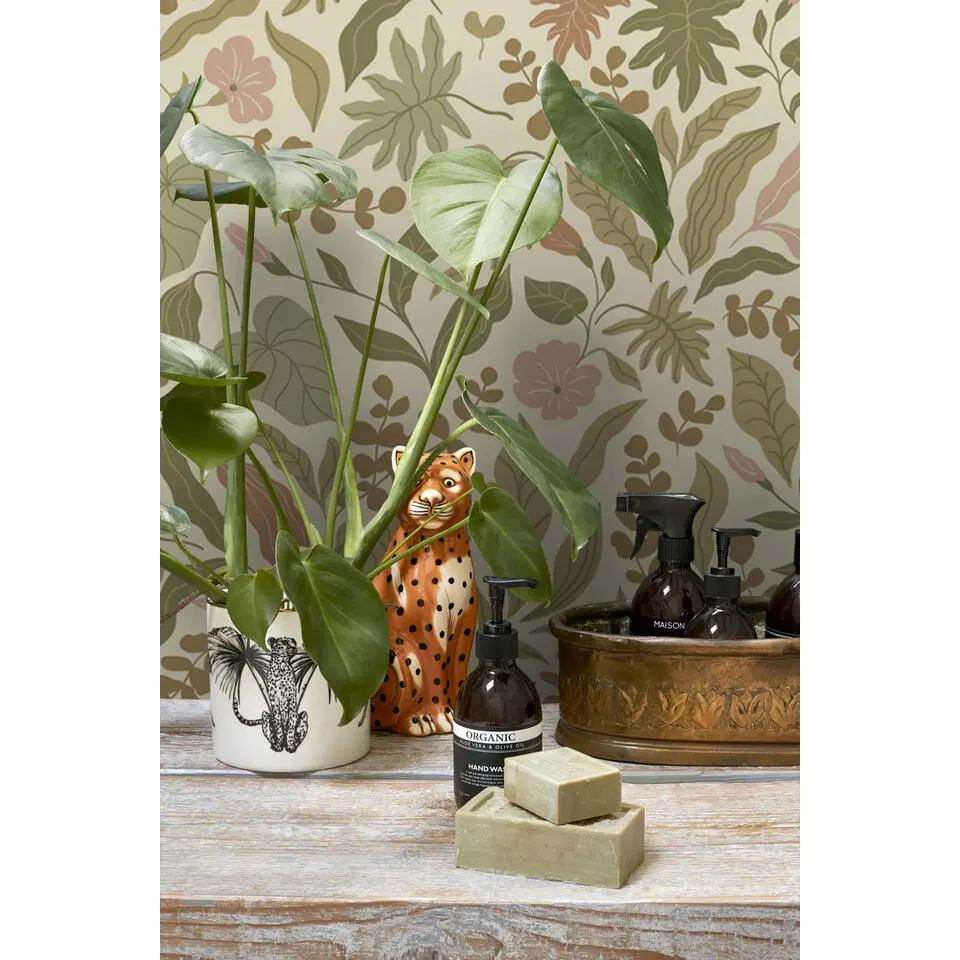 ESTAhome behang bladeren en bloemen olijfgroen, terracotta en roze
