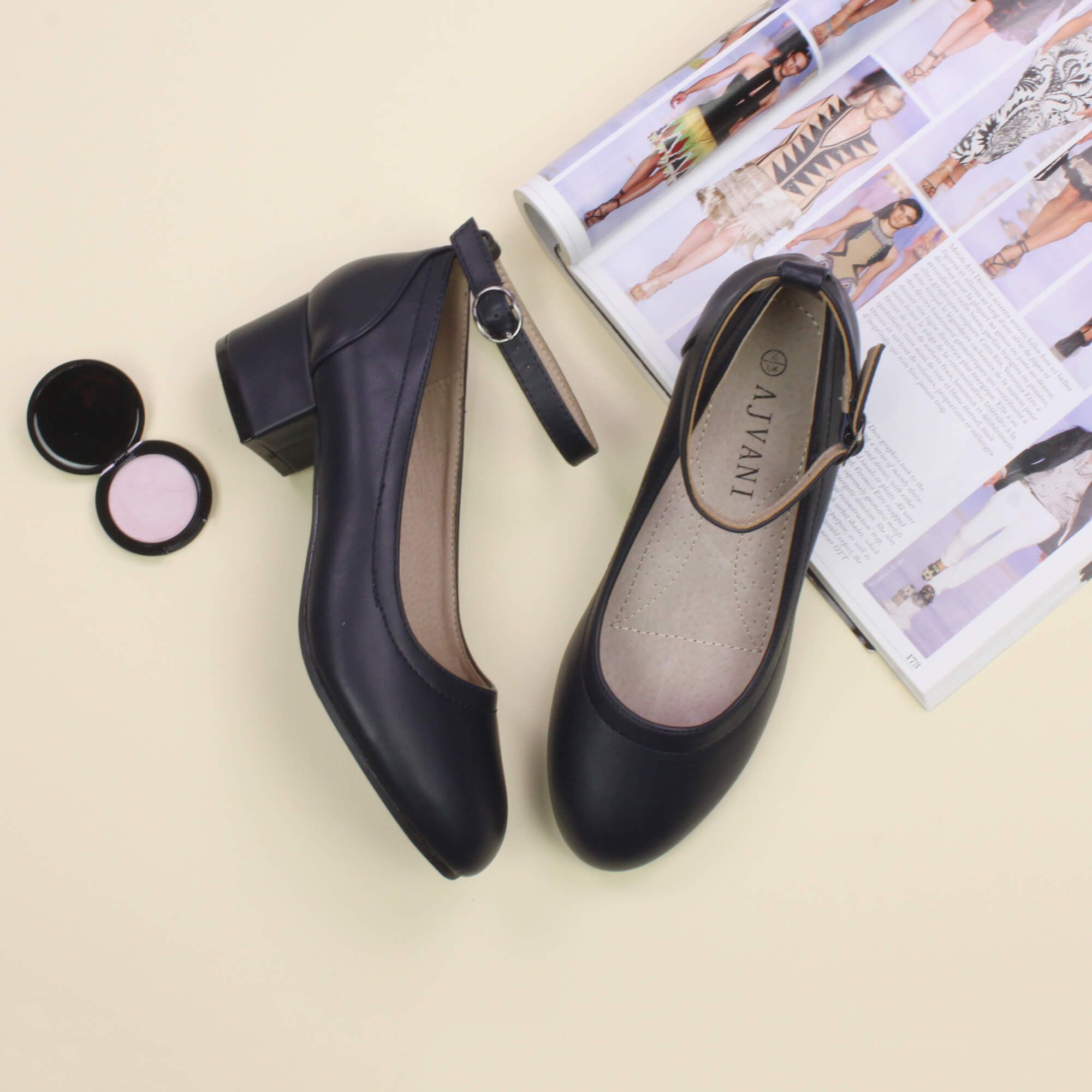 AJVANI Mid Block Heel Ankle Strap Buckle Comfort Court Shoes