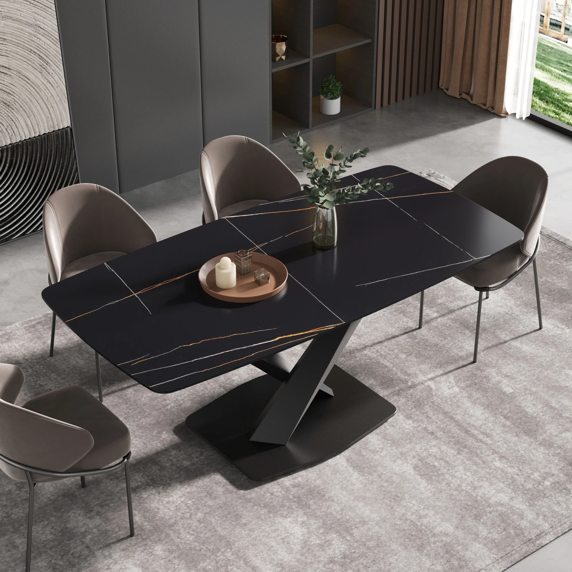 71 Modern Dining Table with Slate Stone Top and Metal Legs, Marble Dining Table