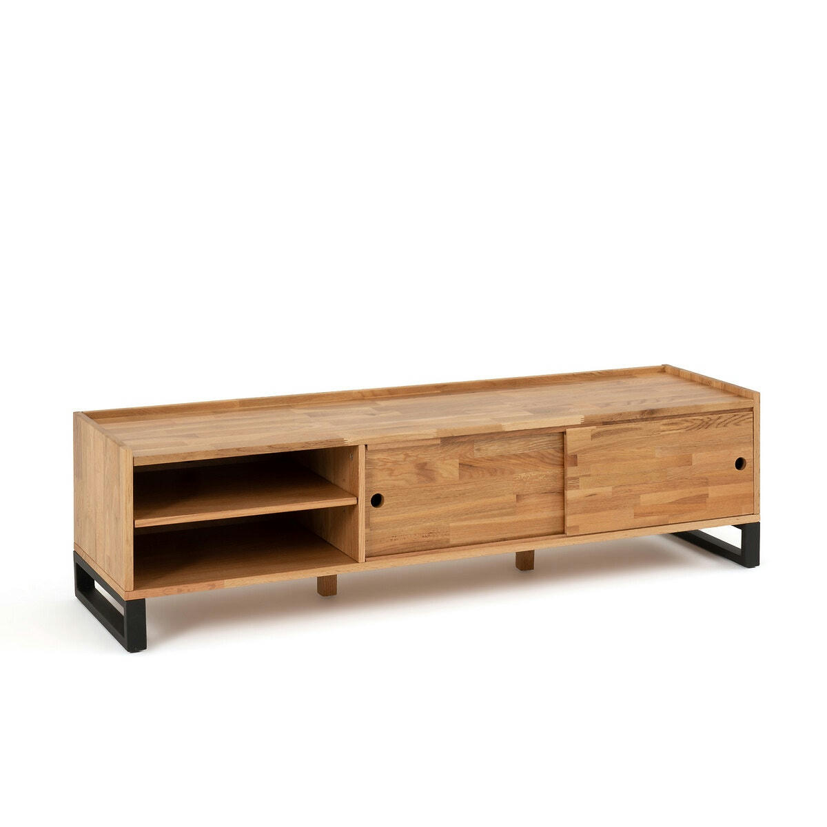 Banc TV, chêne massif abouté et acier, Hiba