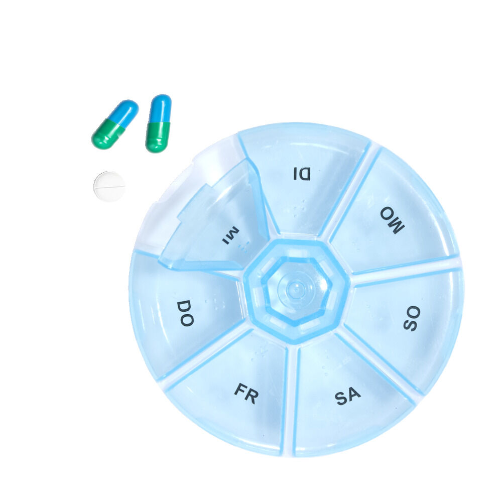 Pilulier 1 semaine 7 compartiments rond plastique bleu Ø8,5cm