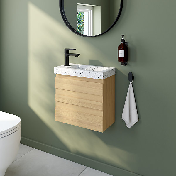 Ensemble meuble lave-mains Etty effet chêne l.44 cm   plan vasque lave-mains terrazzo