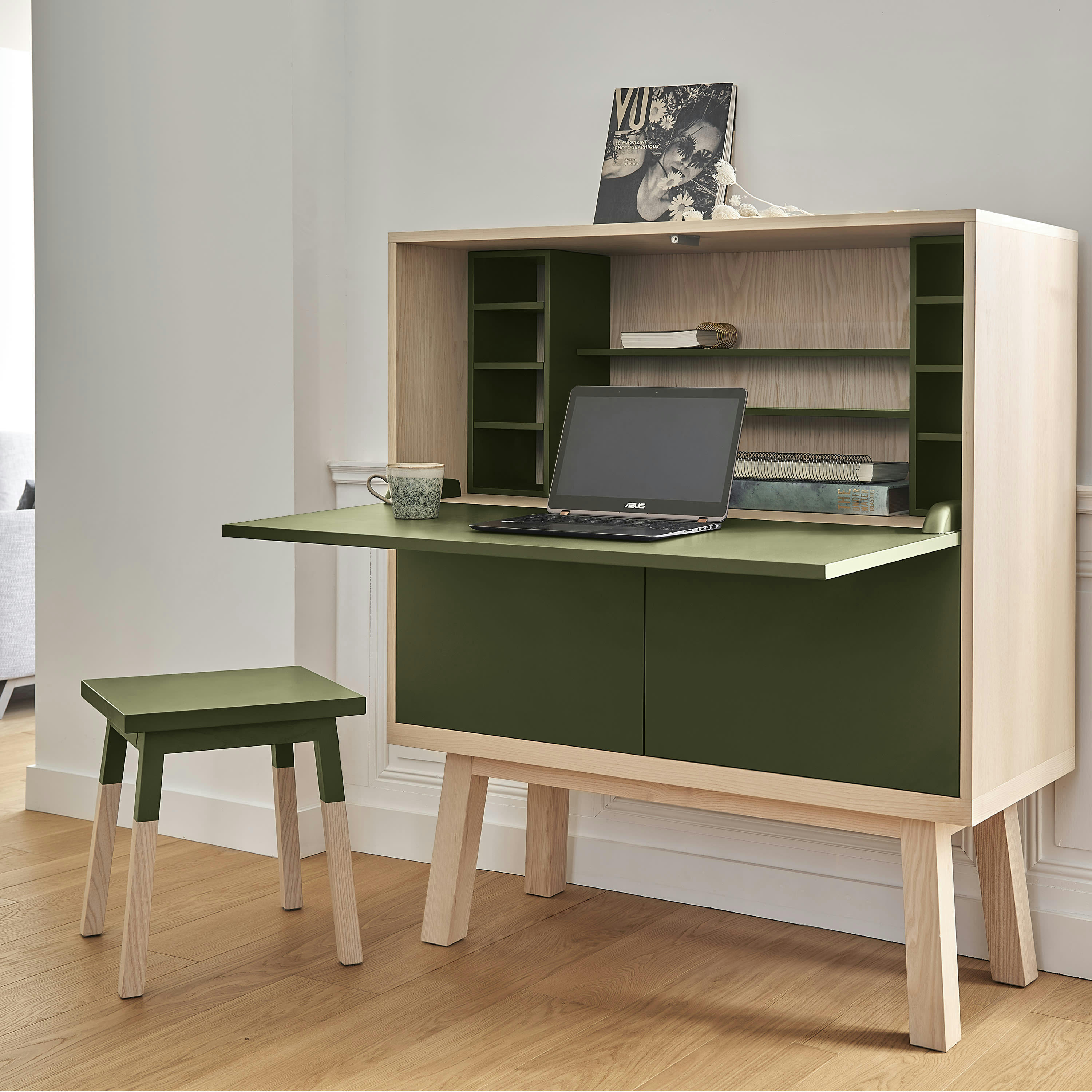 KUBE - Bureau secrétaire avec rangement, 120 cm de large, en frêne