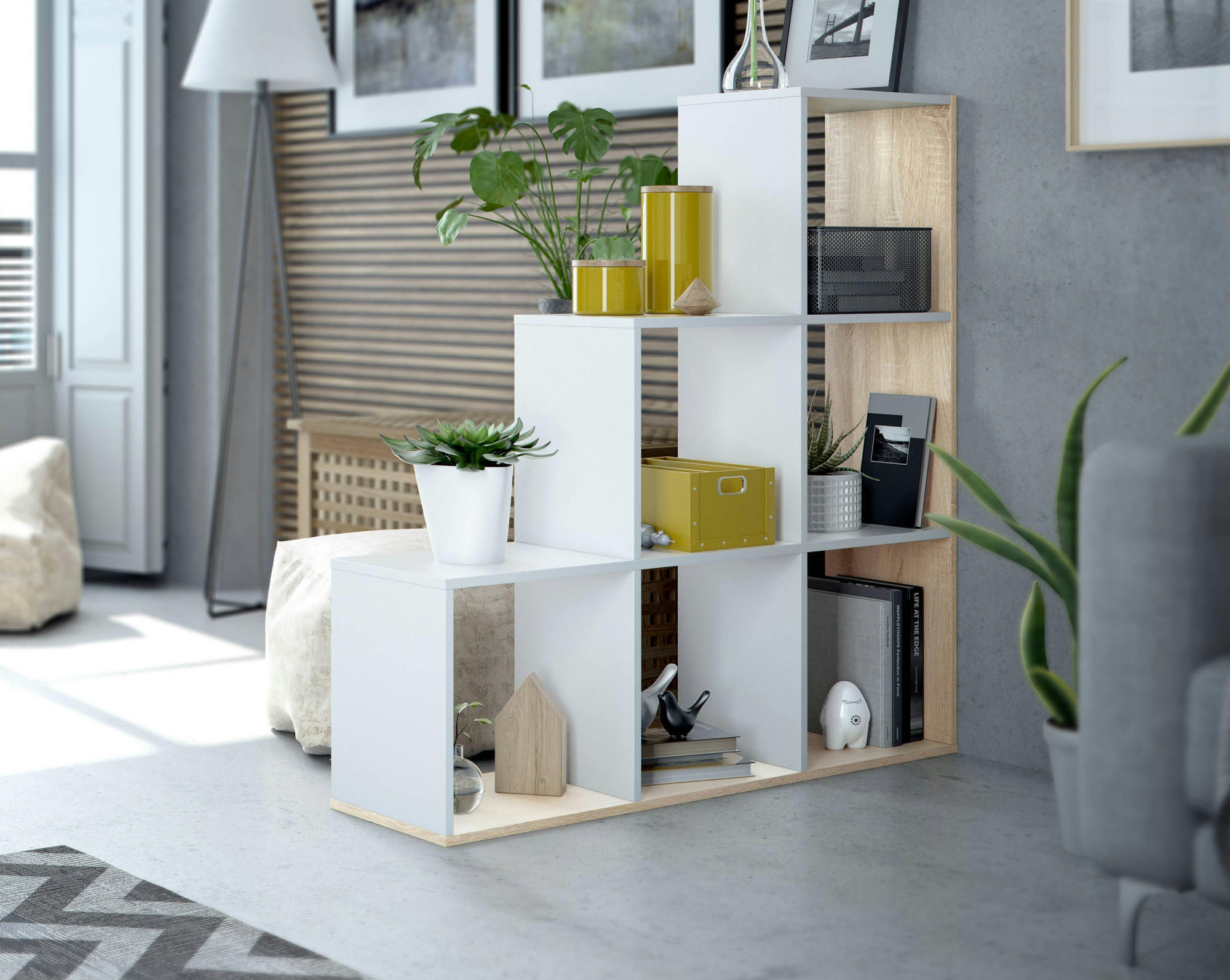 DBARTH - Bibliothèque 6 compartiments effet bois blanc et chêne