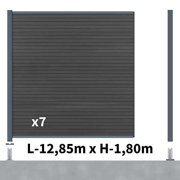 Kit Clôture Composite SANTOS Ardoise 13x1,8m - Bois composite &Aluminium - Poteaux sur Platines Gris - Brise vue - Palissade