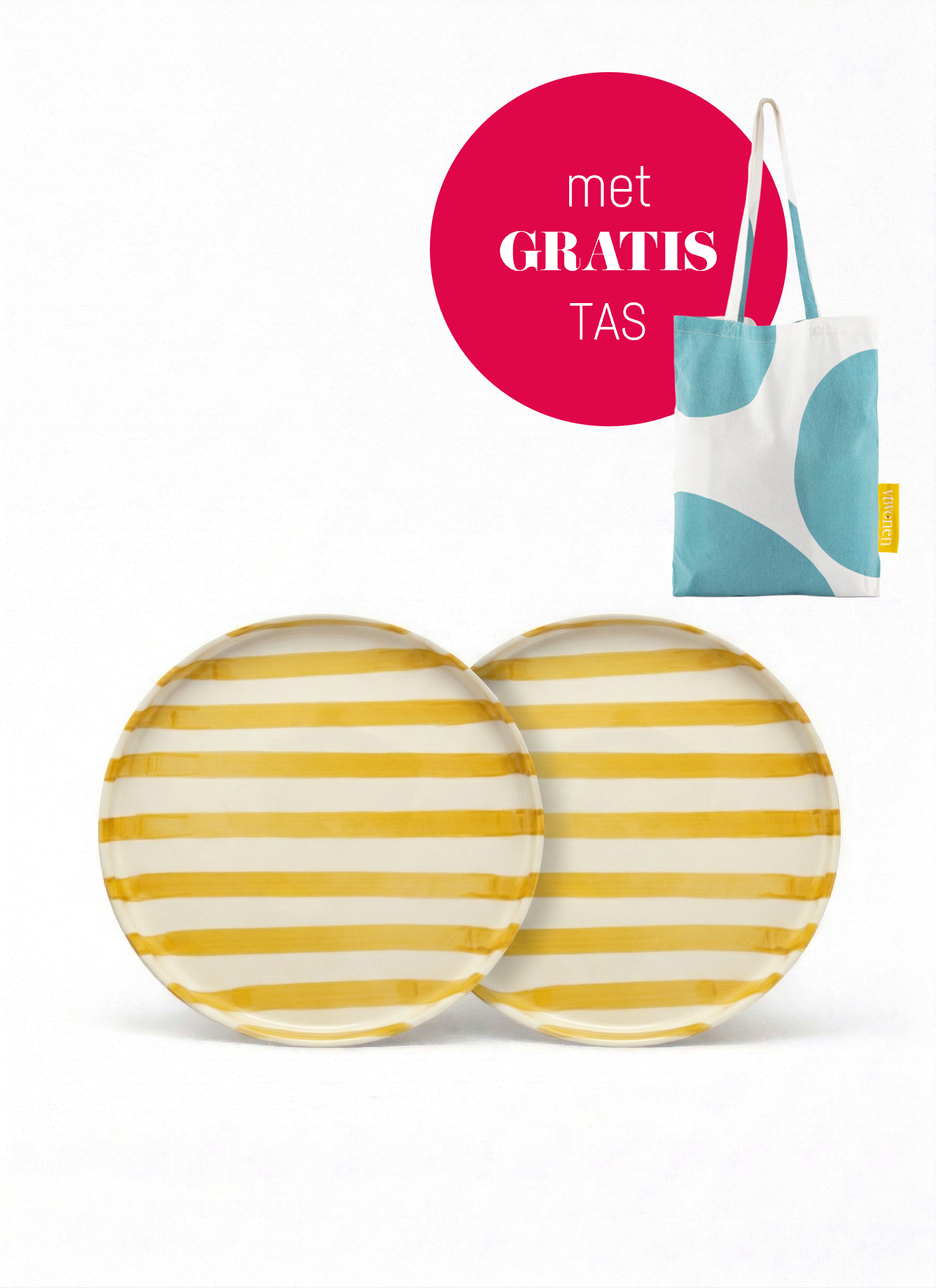 vtwonen - Lunchbord - Strepen - Geel - Set van 2 - Keramiek - 20cm