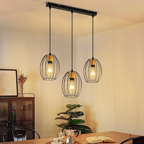 Nettlife Suspension vintage Lampe de table suspendue à 3 lumières, en métal noir, douille E27, rétro (Sans ampoules).