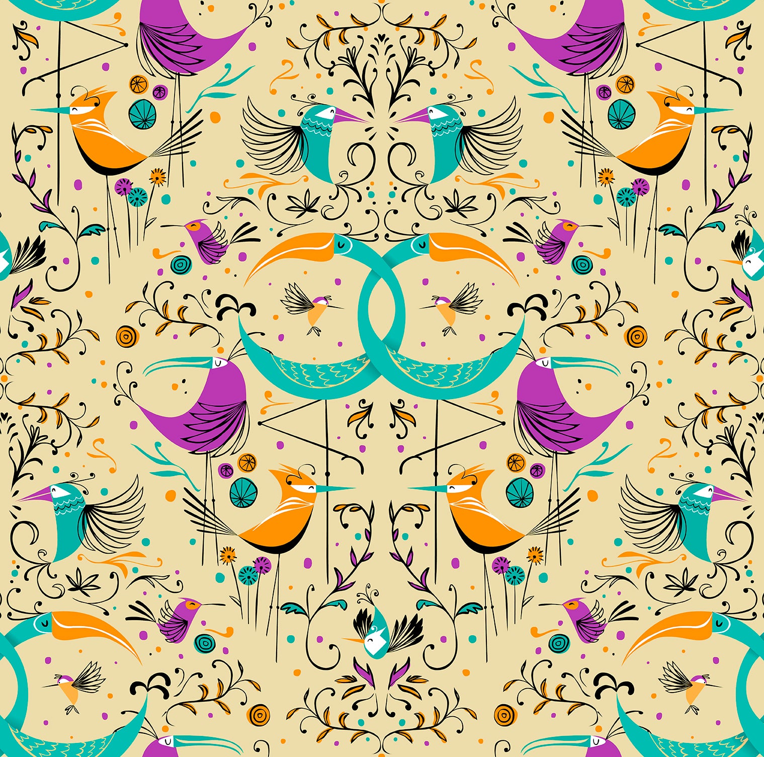 Walls4You behang vogels okergeel en meerkleurig - 53 cm x 10 m - 640131
