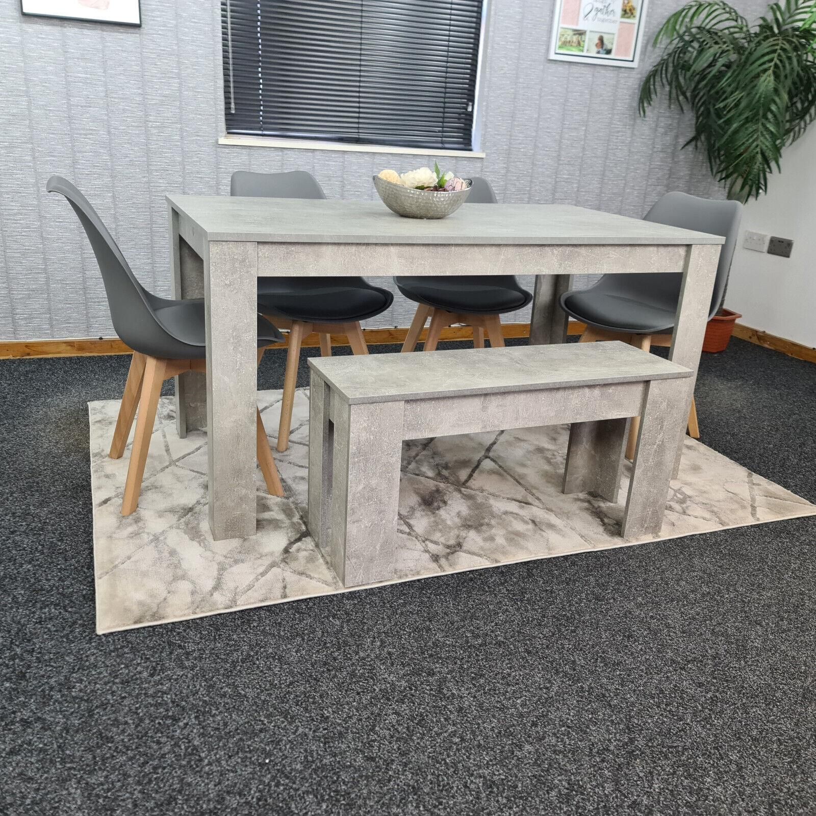 KOSY KOALA Stone Grey Effect Wood Dining Table Set with Bench and 4 Grey Plastic Chairs Modern Dining Room Furniture