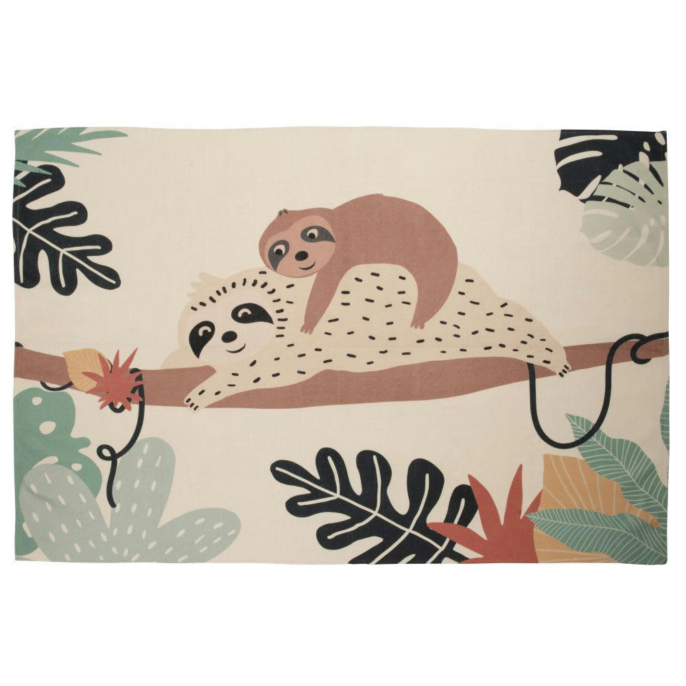 CHAMAREL - Tapis enfant tissé en polyester recyclé imprimé paresseux multicolore 120x180