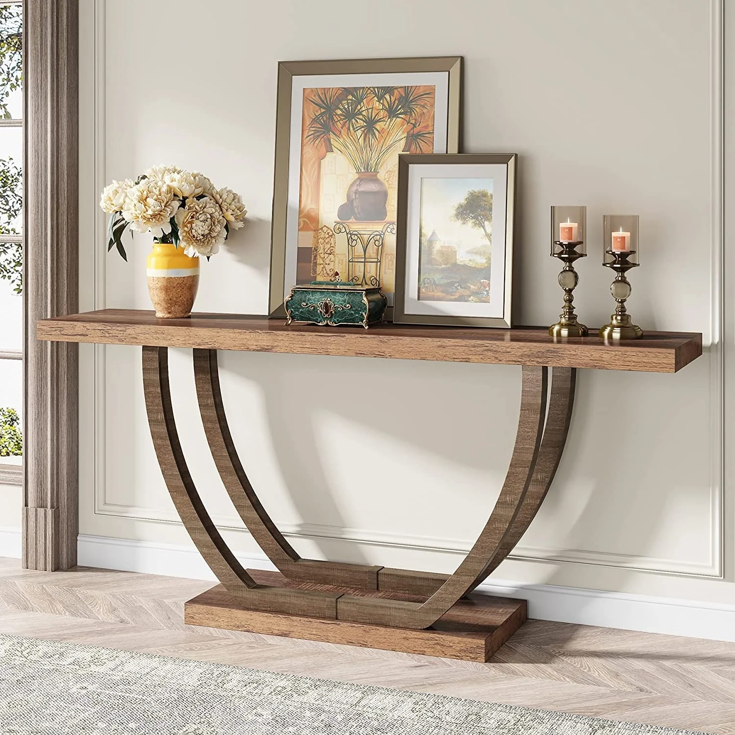 2-tier 63 Inch Console Table with Geometric Base Farmhouse Narrow