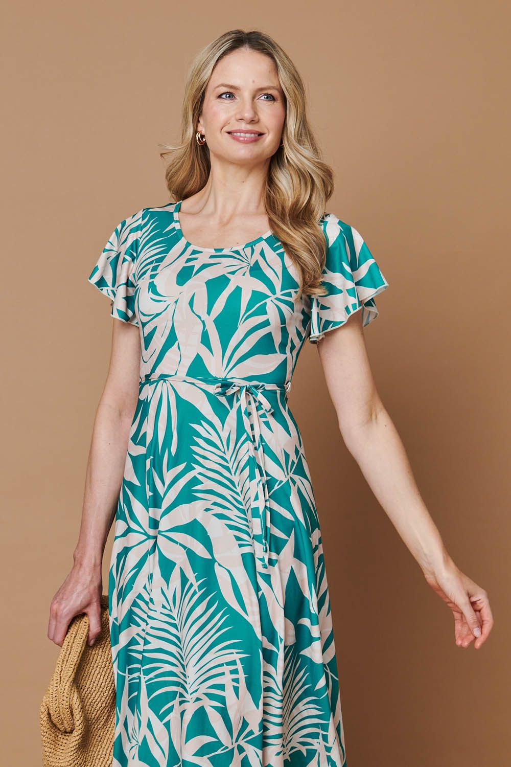 Izabel London Leaf Print Tie Angel Sleeve Midi Dress