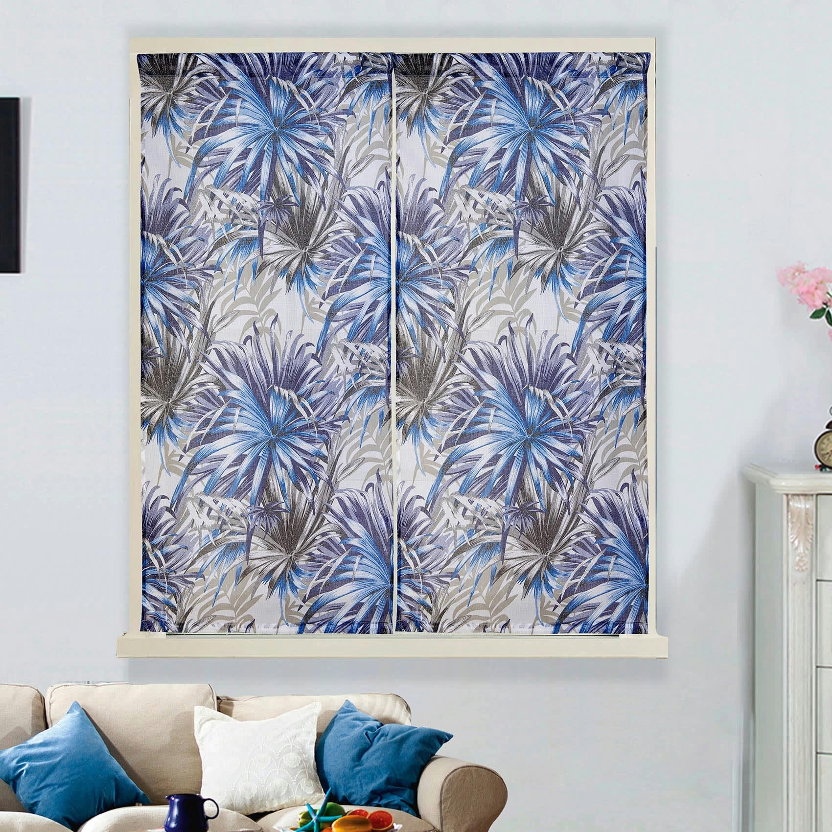 - Paire de vitrages droits au style tropical polyester bleu 60x160 cm