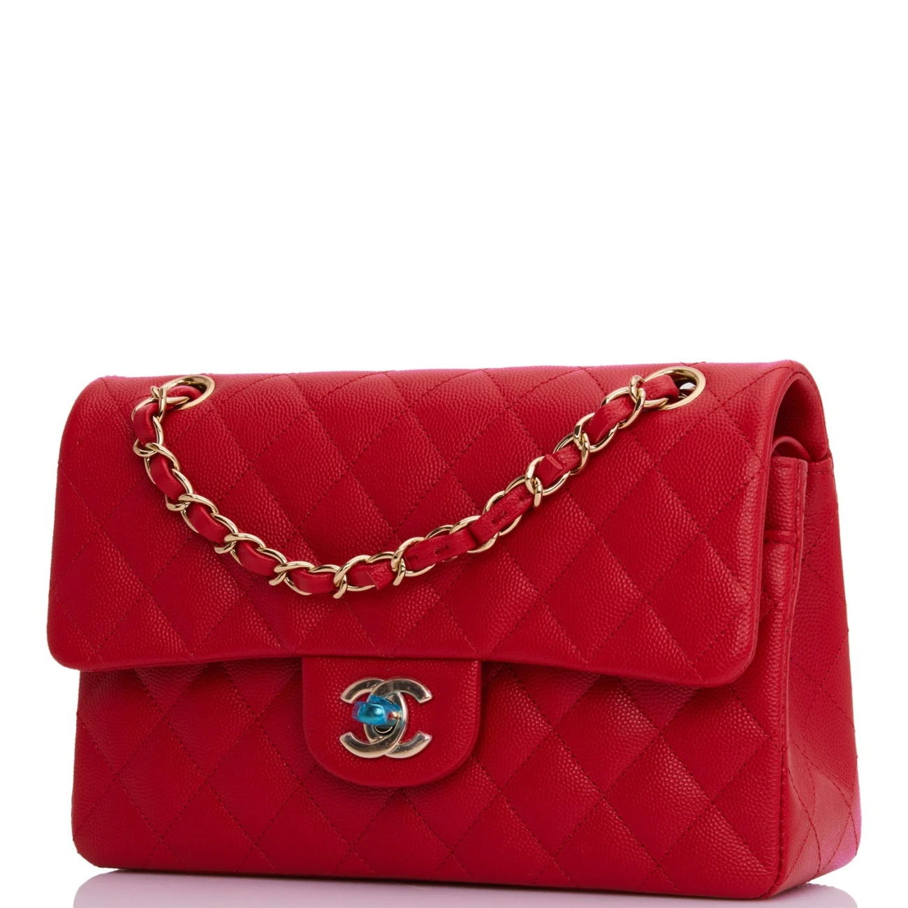 Chanel Classic Flag Bag Small Classic Double Flap Red Caviar Light Gold Hardware